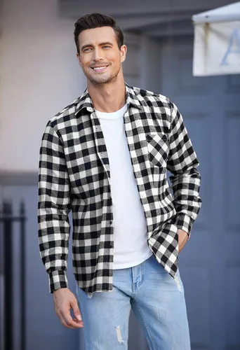 Vista 2 de COOFANDY Camisas de franela a cuadros de manga larga con botones para hombre