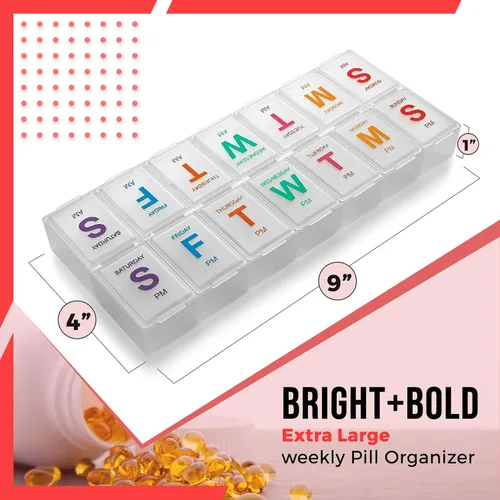 Vista 8 de Organizador semanal grande de píldoras, paquete de 2 pastilleros AM PM, organizador de pastillas XL de 7 días para medicamentos, píldoras