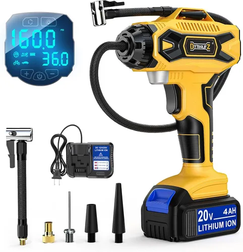 Vista 11 de DIYtoolifz Compresor de aire inalámbrico para inflador de neumáticos compatible con batería Dewalt de 20 V (solo herramienta), bomba de aire