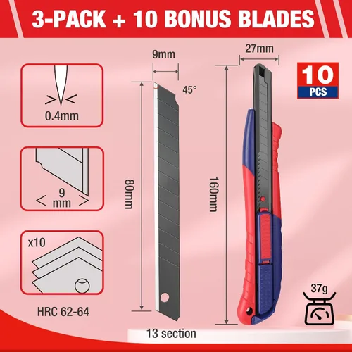Vista 3 de WORKPRO Cuchillo utilitario de seguridad 2 en 1, hoja retráctil a presión, juego de cortador de caja de metal, cuchillos de afeitar Exacto