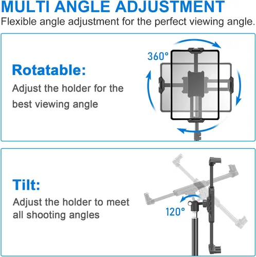 Vista 3 de Soporte de trípode para iPad, trípode ajustable de altura de 63 pulgadas para tableta, rotación de 360°, soporte para iPad mini/Air/Pro, teléfonos