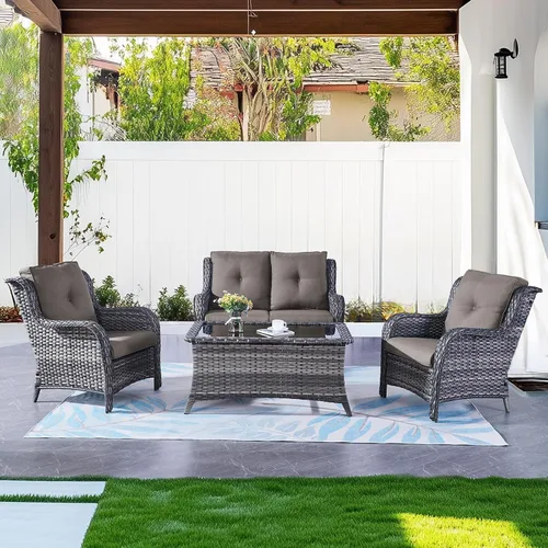 Vista 21 de Belord Mesa auxiliar pequeña para exteriores, mesa de mimbre de vidrio templado, mesa de centro impermeable para patio, mesa auxiliar de ratán