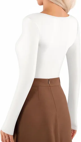 Vista 4 de MANGOPOP Women's Basic Bodysuits Scoop Neck Long Sleeve Body Suit Shirt Tops