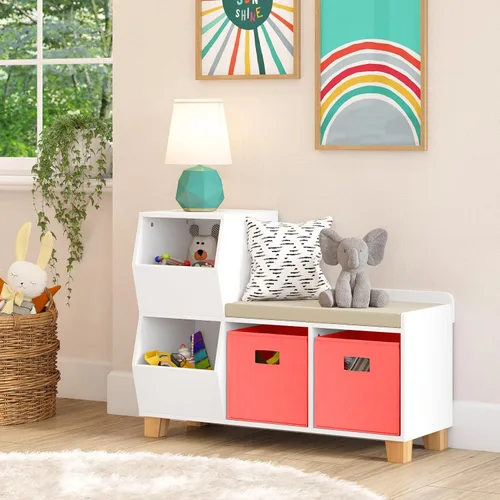 Vista 2 de RiverRidge Banco organizador de almacenamiento de juguetes para niños con cubos y cubos de juguetes para sala de juegos, organizador de cubos