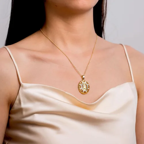 Vista 2 de HZMAN 14K Gold Plated Virgin Mary Necklace for Women Girls Cubic Zirconia Halo Dainty Classic Our Lady of Guadalupe Amulet Pendant Jewelry Gift