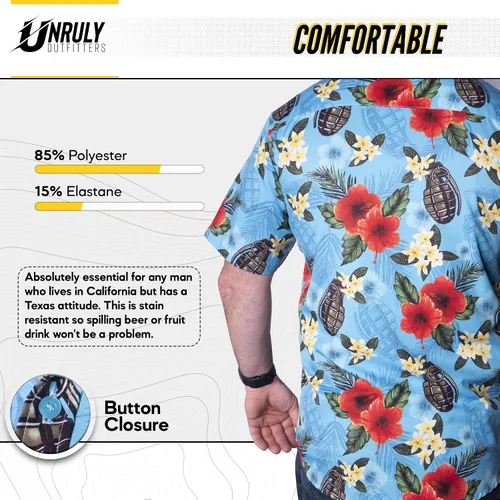 Vista 3 de Unruly Outfitters Camisa hawaiana para hombre, diseño de granadas azules con botones, divertidas camisas con armas de flores con pistolas