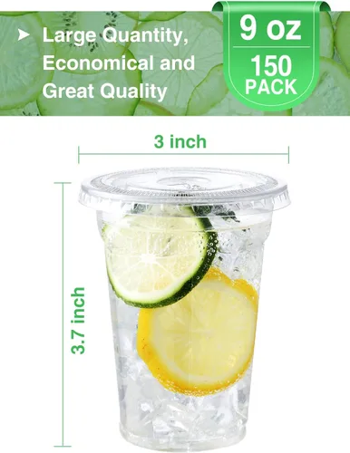 Vista 2 de NEEBAKE 150 Juegos de Vasos de Plástico Desechables de 9 oz con Tapas - Vasos Transparentes para Beber, Vasos de Plástico para Café Helado, Batidos