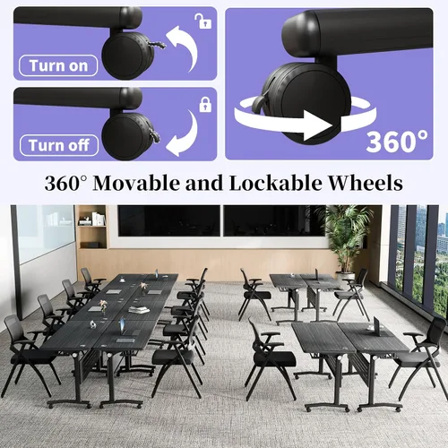 Vista 6 de Mesa de conferencias plegable con ruedas, mesa modular para sala de conferencias con 2 ojales para cables, mesas móviles de sala de reuniones