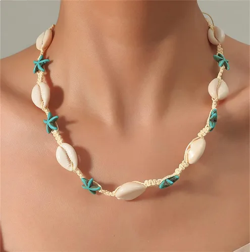 Vista 2 de Gargantilla de concha de estrella de mar, collar de playa con perlas de perlas, gargantilla bohemia con cuentas, gargantilla ajustable con estrellas