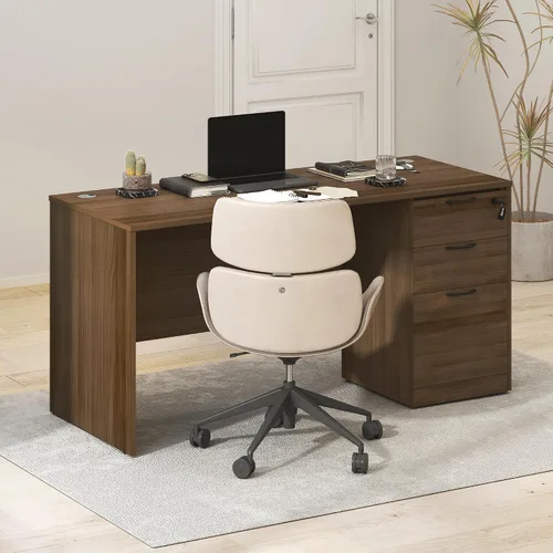 Vista 16 de Furinno Roger 60 Inch Executive Desk with File Cabinet, Home Office Desk with 3-Drawer Fixed Pedestal Filing Cabinet, Desk Cord Grommet, for Home