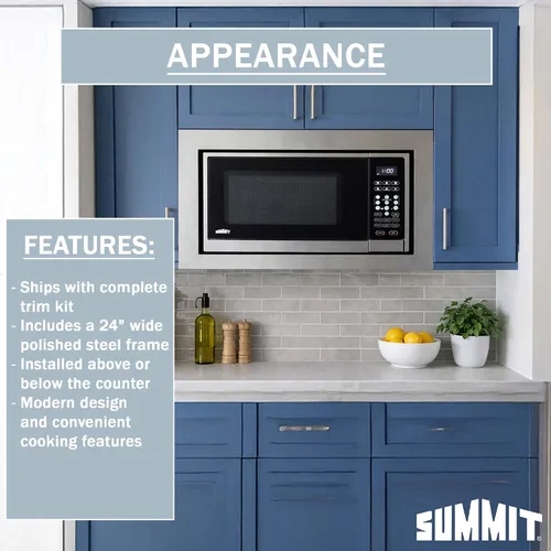Vista 4 de Summit SMBI24 - Microondas incorporado de 24 pulgadas con kit de molduras, acero inoxidable 1000W built-in microwave with stainless steel trim kit