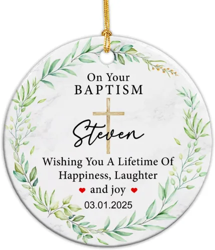 Vista 23 de Adorno de cerámica de bautizo bautizado con oso, recuerdo de bautizo personalizado de animales, adorno de bautismo personalizado de Dios bendiga
