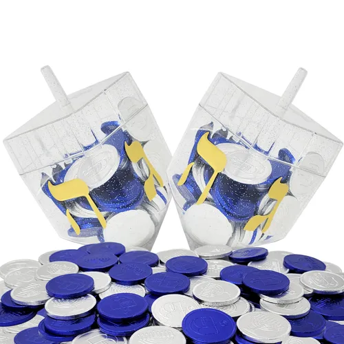 Vista 5 de The Dreidel Company 2 paquetes de Dreidel rellenos con monedas de Hanukkah Gelt azules y plateadas, 10 monedas de Hanukkah Gelt por Dreidel, total