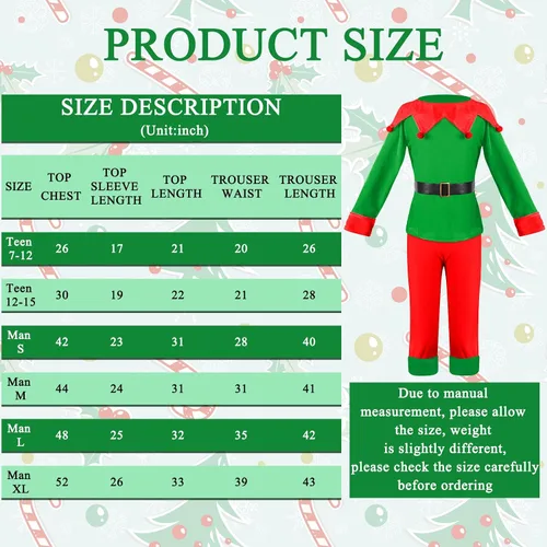 Vista 3 de Hicarer Man Adult Christmas Elf Costume Set for Santa's Helper Dress up Outfit with Elf Hat Shoes Belt