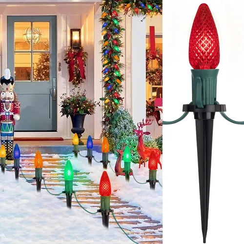 Vista 13 de Tira de luces LED estilo sendero de Navidad para exteriores; tira de 20 luces LED C9 con carcasa de fresa y estaca, interconectables, luz cálida
