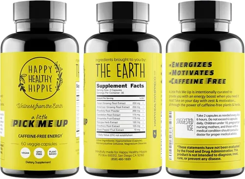 Vista 8 de Happy Healthy Hippie Píldoras energéticas sin cafeína – Rhodiola Rosea, Bacopa + raíz de diente de león – Energía + claridad mental + motivación +