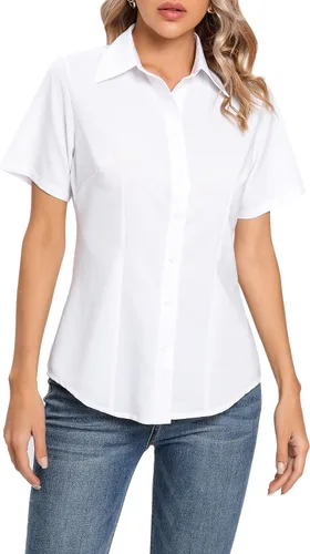 Vista 6 de Camisas básicas de oficina con cuello y botones para mujer, de fácil cuidado, de manga corta, con elástico
