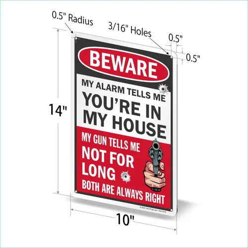 Vista 4 de SmartSign Paquete de 2 letreros divertidos con texto en inglés "Beware - My Alarm Tells You Are In My House" de 14 x 10 pulgadas con gráfico