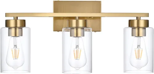 Vista 9 de Lámpara de tocador de baño de 3 luces, modernas luces de pared negras con pantallas de vidrio transparente, lámpara de pared de baño para espejo 3