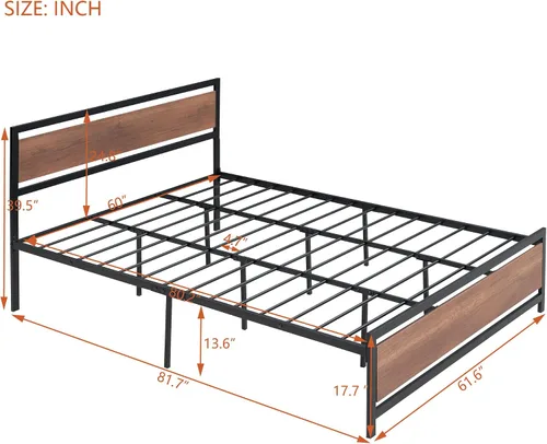Vista 2 de Base de cama de plataforma tamaño Queen con cabecera de madera rústica vintage, marco de cama resistente con almacenamiento, no necesita somier