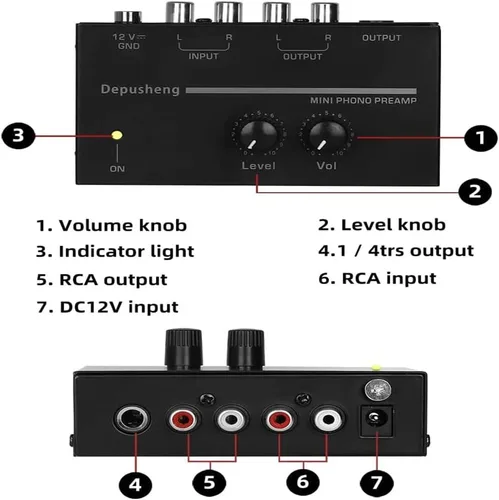 Vista 6 de Phono - Preamplificador de tocadiscos - Mini fonógrafo estéreo de audio, adaptador de corriente de CC separado de 12 V, entrada RCA, salida RCA