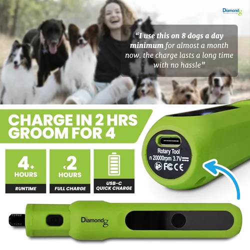 Vista 3 de Diamondg Amoladora de uñas micro inalámbrica para perros con sonido silencioso y punta LED para perros grandes y pequeños, 4 horas de Micro - Verde