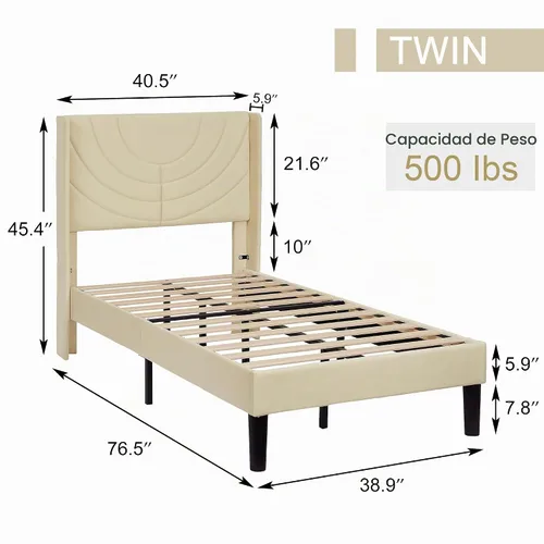 Vista 2 de VECELO Marco de Cama Tamaño Twin Plataforma Tapizada con Cabecera de Tela Ondulada/Soporte de Listones de Madera/No Necesita Somier/Base de Colchón