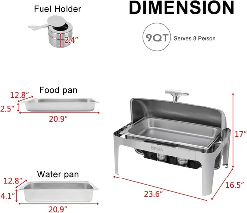 Vista 6 de ROVSUN Juego de bufé de platos para rozar platos de 9 cuartos de galón de acero inoxidable, juego rectangular NSF con bandeja para alimentos