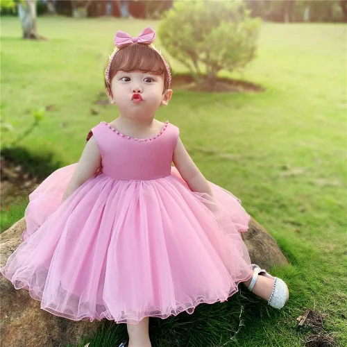 Vista 5 de NSSMWTTC 6M-6T Vestido de concurso sin espalda para bebé, vestido de tutú para niñas pequeñas, vestidos de flores con gorro