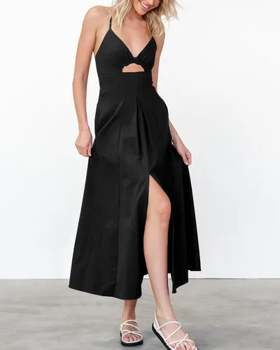 Vista 4 de BTFBM Vestido de verano 2023 con tirantes delgados, sin mangas, cuello en V, abertura, casual, playa, fiesta, maxi vestidos con bolsillos