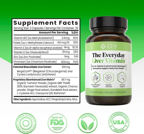 Vista 2 de Zen Nutrients The Everyday Liver Vitamin - Limpieza del hígado desintoxicante y reparación con Bergacyn FF, cardo de leche orgánico, raíz de diente