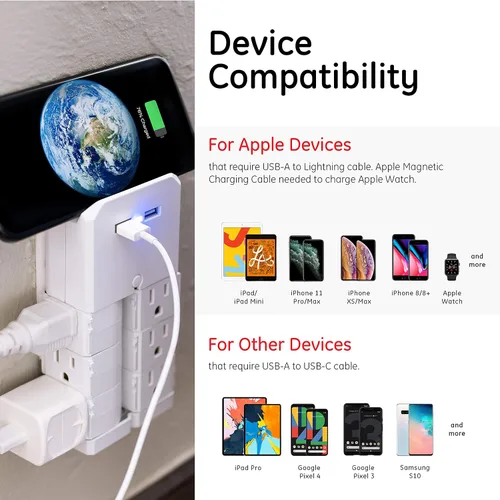 Vista 12 de GE - Extensor de 6 tomas con salidas giratorias, 2 puertos USB, enchufe de pared con toma de tierra, estante para dispositivos incorporado