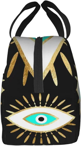Vista 4 de Hamsa - Bolsa de almuerzo aislada con estampado de ojo malvado de ojo dorado para mujeres y hombres, reutilizable, duradera, impermeable, bolsa