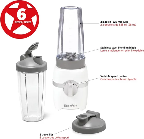 Vista 2 de Starfrit Licuadora personal - Dos tazas de 28.0 fl oz - Modos alto, bajo y de pulso - 300W - Blanco