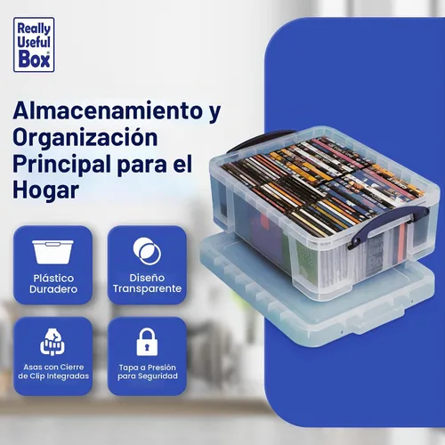 Vista 3 de Really Useful Box - Contenedores de plástico para almacenamiento de 17 litros con tapas de cierre y clip, transparentes