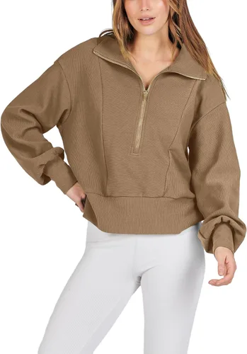 Vista 4 de Bowiln Women's Half Zip Oversized Sweatshirts Loose Lapel Long Sleeve Drop Shoulder Workout Pullover Hoodie Fall Clothes