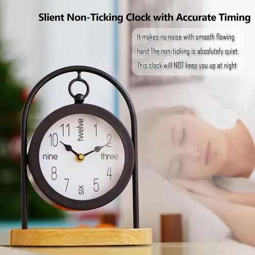 Vista 4 de Reloj de escritorio de metal negro con base de madera, reloj de mesa decorativo para sala de estar, relojes de repisa silenciosos, decoración