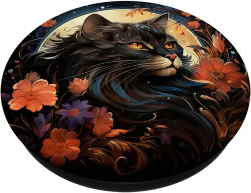 Vista 2 de Gato Negro Mirando Luna Llena Flores Celestiales Estrellas Floral PopSockets Estándar PopGrip