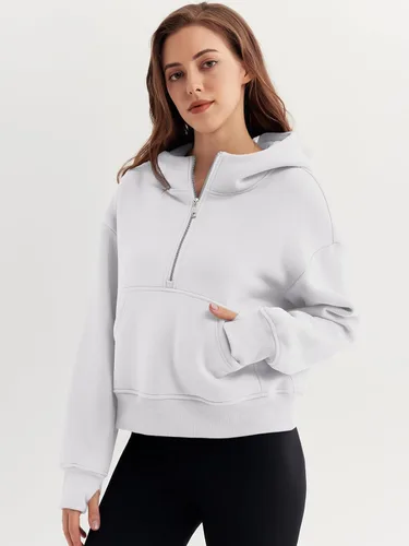 Vista 2 de Trendy Queen Sudaderas con capucha para mujer, con cremallera de un cuarto, sudaderas de gran tamaño, media cremallera con bolsillos, ropa de otoño