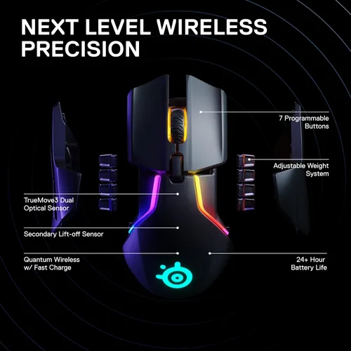Vista 3 de SteelSeries Rival 650 Mouse Quantum Wireless para videojuegos, batería de carga rápida, 12,000 Cpi Truemove3 + sensor óptico dual, baja distancia