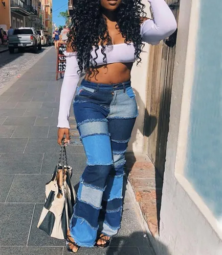 Vista 3 de Aodrusa - Jeans para mujer con dobladillo sin rematar acampanados hechos con parches