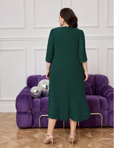 Vista 5 de Hanna Nikole Vestido de cóctel de gasa para mujer, talla grande, con volantes, manga 34, vestidos de fiesta de invitados de boda con dobladillo alto