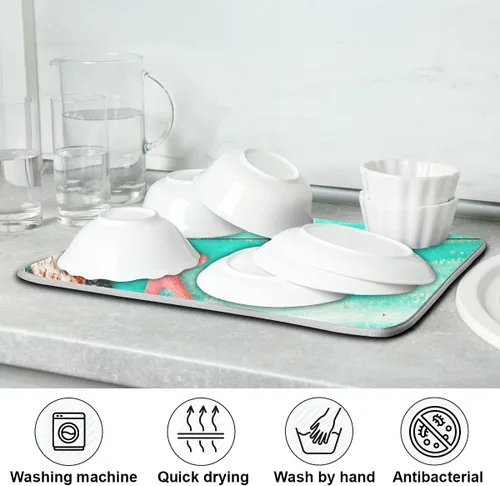 Vista 7 de Tapete absorbente para secado de platos para encimera de cocina, conchas verdes en la tabla de madera, almohadilla de secado de microfibra, 27