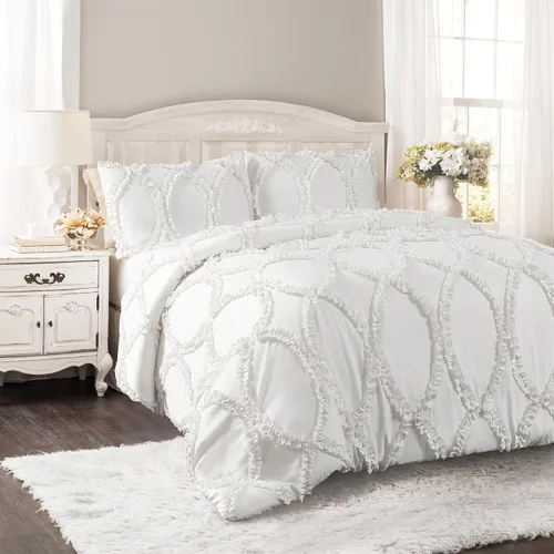Vista 11 de Juego de edredón Lush Decor Avon, juego de 3 piezas, tamaño Full/Queen, color marfil - Juego de cama romántico estilo granja - Elegante ropa de cama