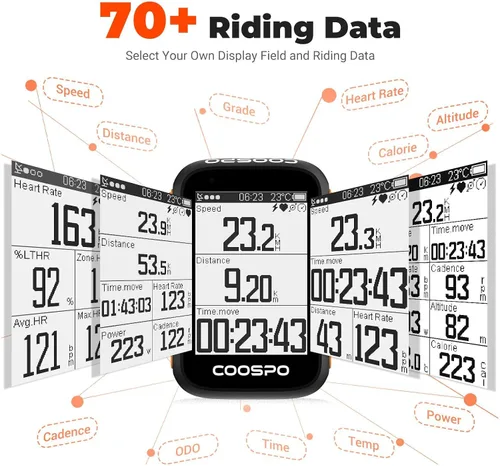 Vista 4 de Computadora de bicicleta COOSPO inalámbrica con GPS, velocímetro de bicicleta con retroiluminación automática, computadora de ciclismo GPS Bluetooth