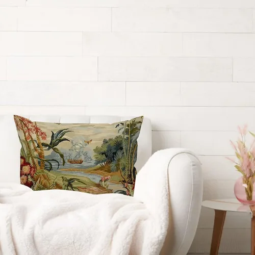 Vista 3 de ArogGeld Funda de cojín lumbar asiática de estilo chinoiserie, de lino marrón, pájaro y flor, funda de almohada asiática para sala de estar, A-6