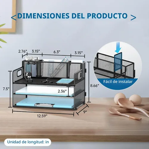 Vista 3 de Organizador de escritorio de 3 niveles con soporte para bolígrafo, bandejas Negro