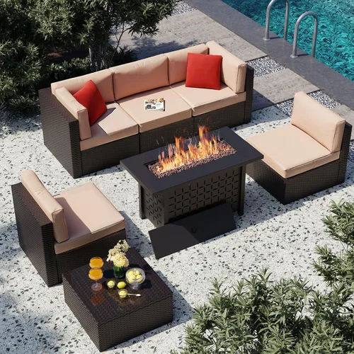 Vista 10 de Vongrasig Juego de 6 muebles de patio pequeños, sofá modular de mimbre de polietileno para todo tipo de clima, sofá seccional para exteriores