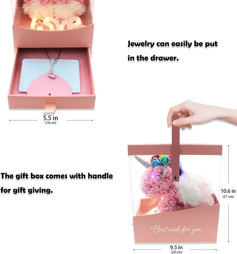 Vista 3 de Juego de caja de regalo de unicornio rosa con flores artificiales para siempre, para novia, niños, hija, mujeres, aniversario, Navidad, San