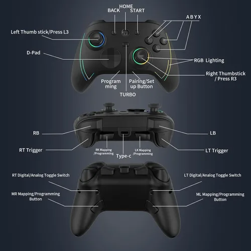 Vista 5 de ROTOMOON HD151-S Wireless Game Controller with 7 Colors LED Lighting Compatible with Xbox One SX, Xbox Series SX, with 2.4G Wireless Adapter, 3.5mm